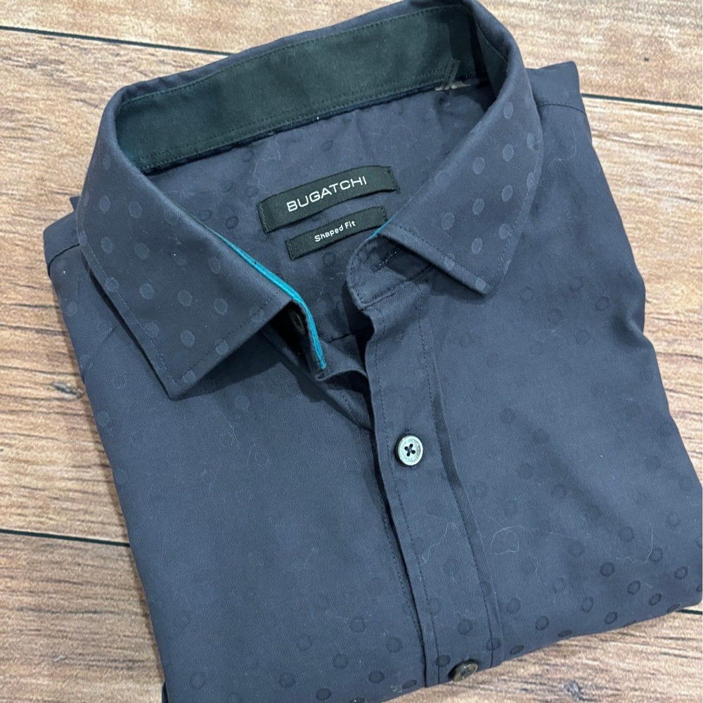 Bugatchi Mens Shaped Fit Navy Blue Polka Dot Long Sleeve Button Down Shirt L